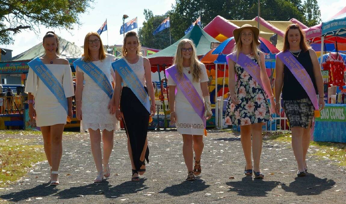 Showgirl and junior showgirl entrants for Glen Innes take time to walk amongst the crowds at Glen Innes Show over the weekend. Photo: Jane Alt of Alt Photography.
