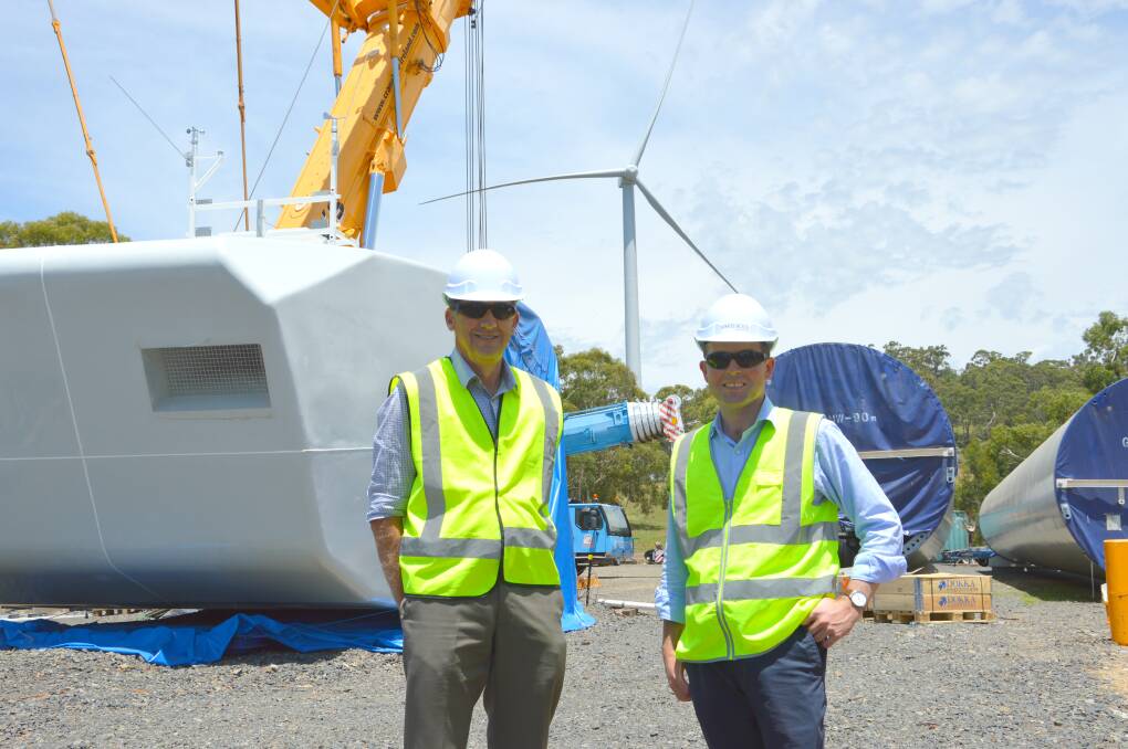 Member for Northern Tablelands Adam Marshall and Glen Innes Severn Council Mayor Steve Toms inspect the White Rock wind farm site.