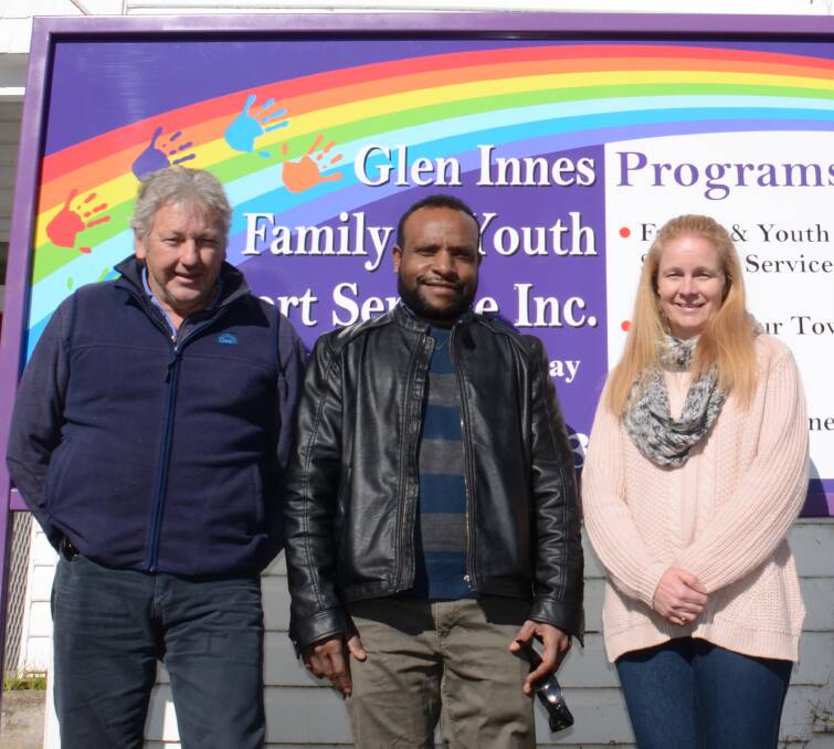 BREAKING BARRIERS: Community development worker Laurie Newsome, Safe In Our Town social work student Jim Kuiwah and family youth support worker Dannielle Lightfoot at the centre this week. Photo: Rachel Baxter