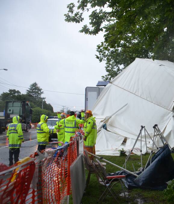 Massive clean-up: Six people are injured after stall marquees turned into missiles, landing in trees and leaving owners with nothing left to salvage from the wreck in Friday's freak storm at the Guyra Lamb and Potato Festival.