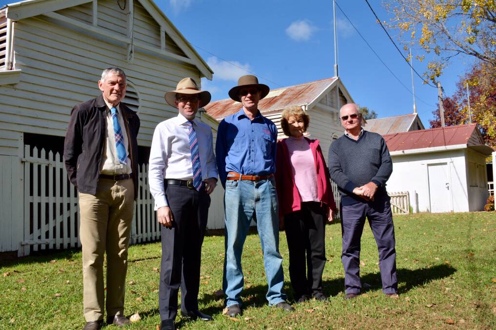 New roof: Glen Innes Showground Trustees Col Price, left, Chairman John Lynn, Treasurer Jo Cameron and Vice Chairman Mike Condon discuss renovation plans with Member for Northern Tablelands Adam Marshall.