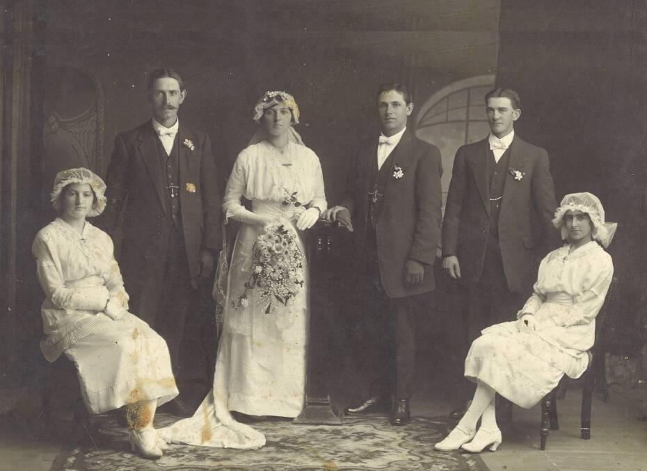 The wedding portrait: May Jackson, Hedley Rees, Maud Rees (bride) Emil Rees (bridegroom) Oscar Alt, Dorothy Ingall. Studio portrait: A. E. Neal, Glen Innes.