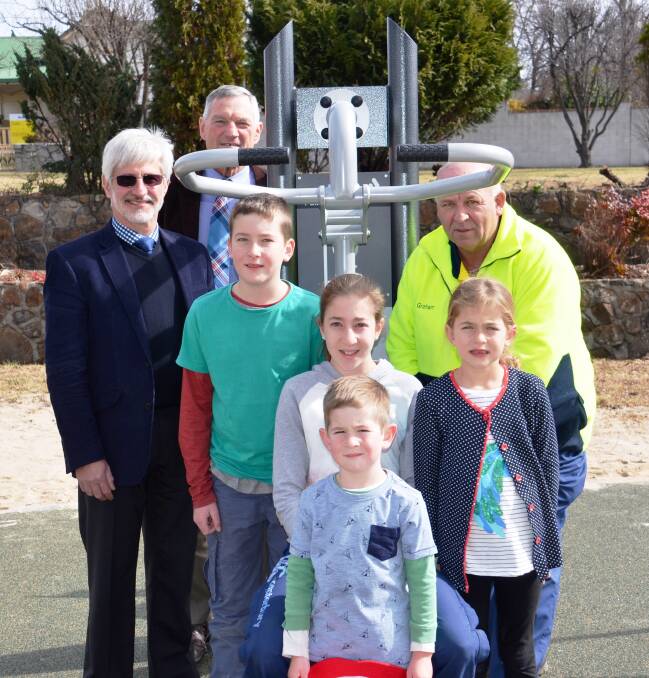 WORK IT OUT: Sam, Laura, Alice and Alexander Hayes with Mayor Colin Price, Council General Manager Hein Basson and Council Manager of Recreation and Open Spaces Graham Archibald.
