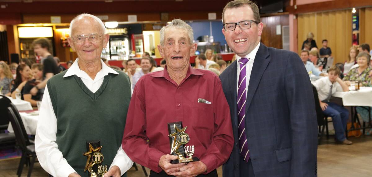 AWARD-WINNING SMILES: Legends of Sport award recipients John Shannon and Barry Knight with local MP Adam Marshall. Picture: Tony Grant.