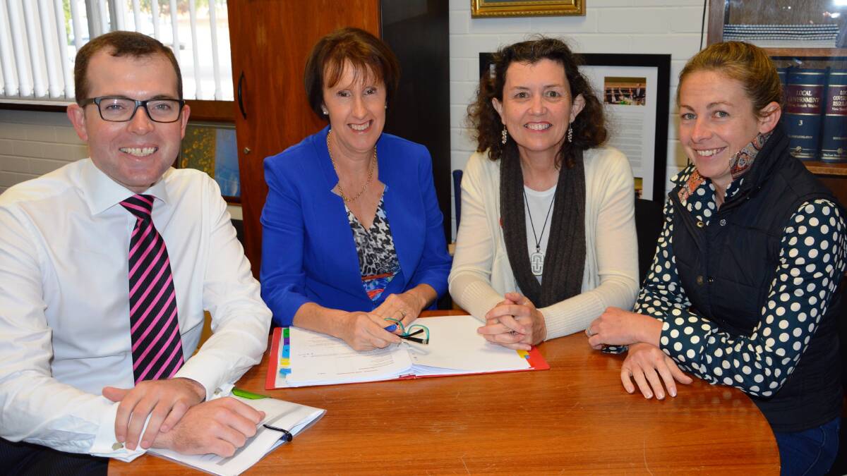 Pre-school fees slashed:  Northern Tablelands MP Adam Marshall, left, with Early Childhood Education Minister Leslie Williams and Robyn Cartwright and  Sally Floyd recently