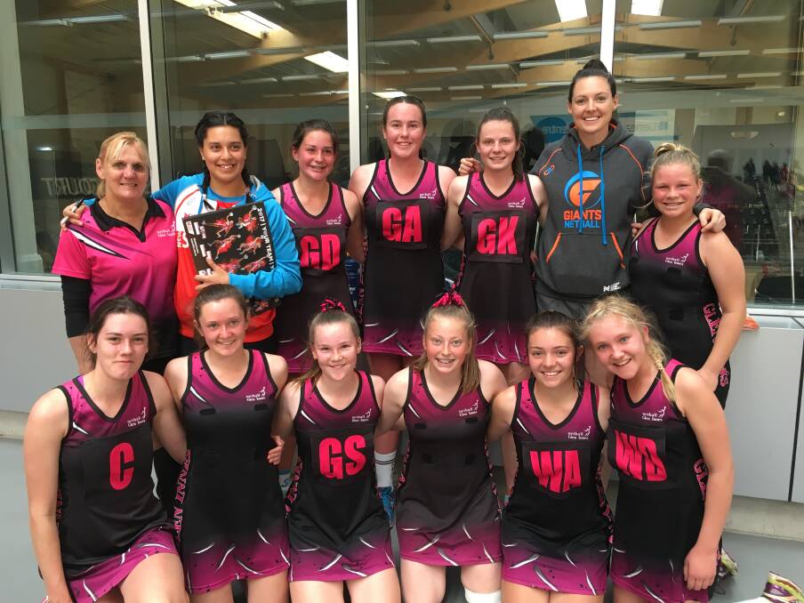 STATE HONOUR: Glen Innes High's year nine and 10 school cup team with Sydney Swifts player Claire O'Brien and Giants Netball player Sam Poolman. 