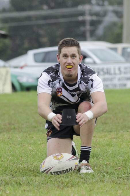 EYES ON THE PRIZE: Jayden Ehsman lines up a conversion for the Magpies in their match against MacIntyre Warriors on Sunday at Mead Park. Photo: Tony Grant. 