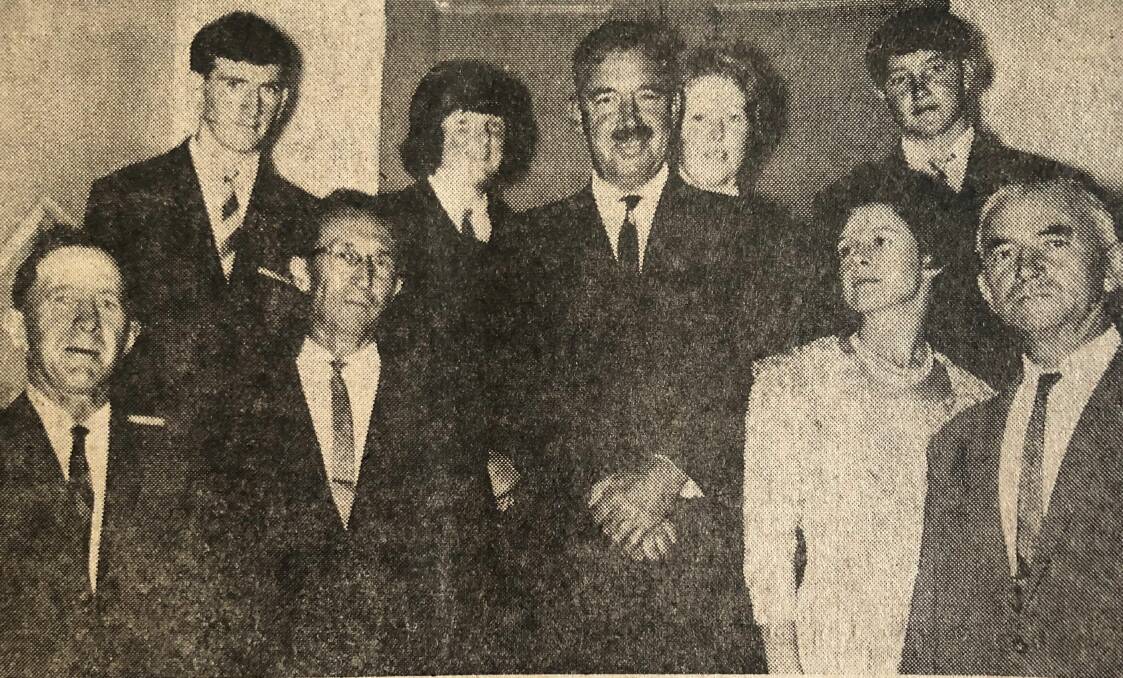 The High School in 1966, back Graeme McLeod and Jennifer Whan, Arthur Brown (Principal) Kaye Fletcher and Ian Lockwood (vice captains). (front) Bill Schlunke, Sid Woodward, Monica Rutledge and Eric Potter.