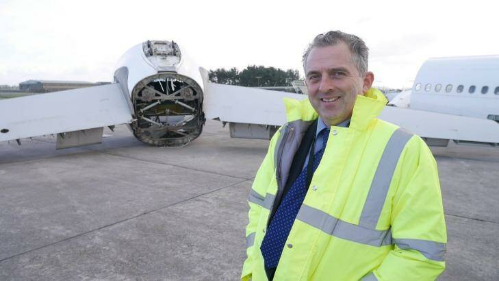 Miles Carden, aerohub enterprise zone manager, poses in from of aeronautical equipment at Cornwall Airport, Newquay. Photo: Nick Miller