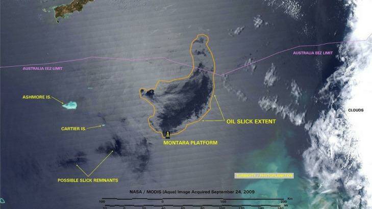 A NASA image from September 2009 shows the extent of the oil slick created by the Montara oil spill in the Timor Sea. Part of West Timor in Indonesia can be seen at the top of the image. Photo: NASA