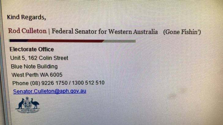 Mr Culleton is still using his parliamentary email but has added "Gone Fishin'" to his signature. Photo: Facebook