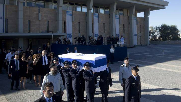 Family members of former Israeli President Shimon Peres follow his coffin at the Knesset, Israel's parliament. Photo: LIOR MIZRAHI