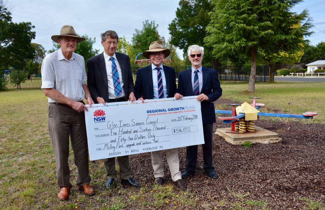 "We just happened to have this large cheque with us!" Colin Price (former mayor), Steve Toms, (mayor), Adam Marshall MP, Hein Basson,(council general manager) at Melling Park in west Glen Innes to announce $516,000 to put in new equipment but also to create a “Wellness Trail”.