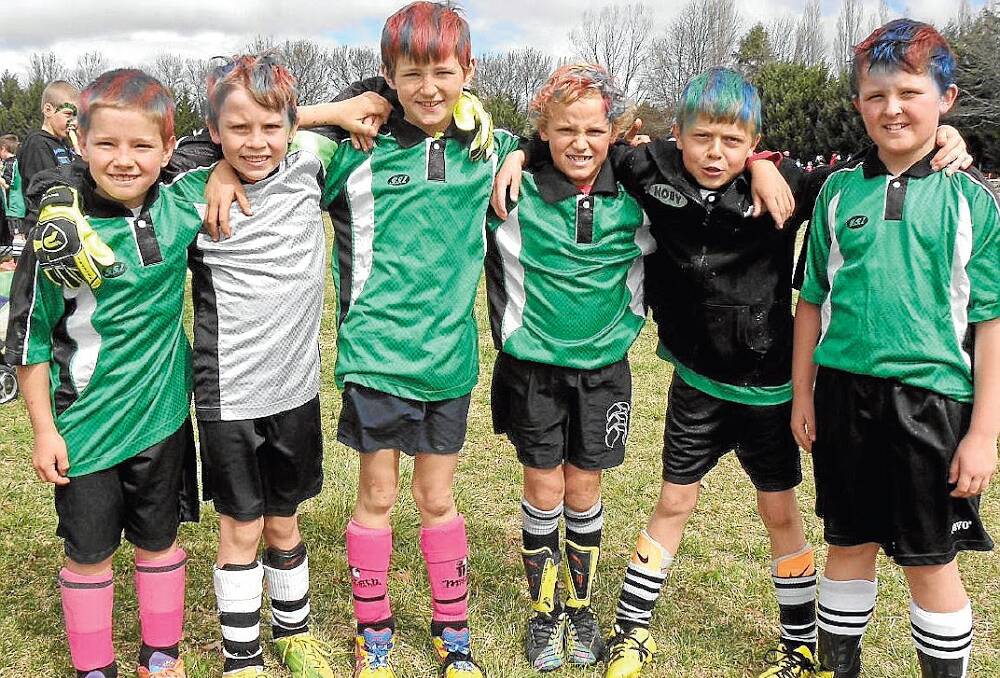 Crowning glory : Mitchell Duddy, Brodie Taylor, Mitchell Jenkins, Keidan O'Brien,

Coby Schalk and Ashton McConnell got into the spirit of the day at the annual Glen
Innes Soccer Carnival. (Photo by Anna McCormick.)