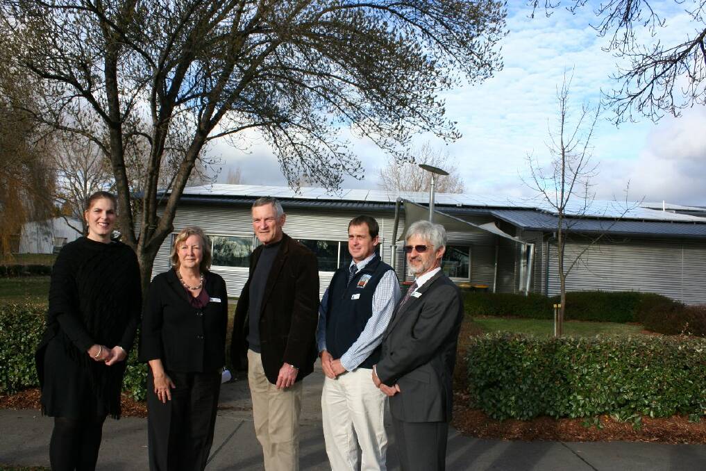 Glen Innes Severn Council’s director of corporate and community services Anna Watt, Library and Learning Centre manager Kerry Byrne, mayor Colin Price, environmental officer Ian Trow and general manager Hein Basson at the site of the newly-installed library solar system.