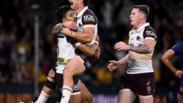 Brisbane have celebrated a commanding 16-point win on the road against Parramatta. (Dan Himbrechts/AAP PHOTOS)