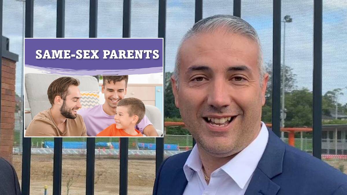 Cumberland councillor Steve Christou with the cover of Same-sex Parents by Holly Duhig, a book banned under a move by the council. Picture Cumberland City Council Facebook/Amazon