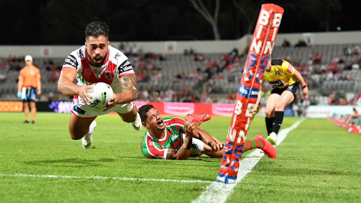 IN FOCUS: Dragons winger Jordan Pereira dives over to score a try against the Rabbitohs at Jubilee Stadium last year. Picture: Grant Trouville/NRL Imagery