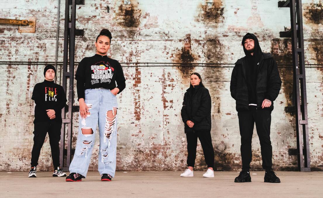 Aboriginal recording artists Mi-kaisha and Nooky (front), pictured with video clip dancers Maddie Paluch and Chandler Connell. Photo: Jake Keane