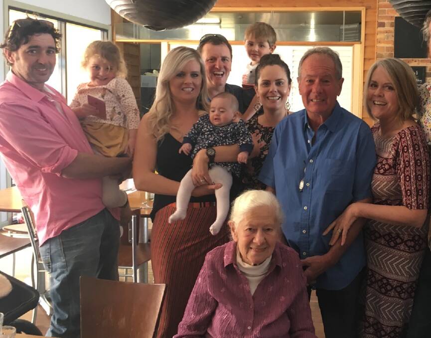 STOP THE PRESS: Gladys Relf (seated) celebrating with her son Brian, daughter in-law Shelley , and grand-daughters Emma Goodwin and Sarah  Rose; Nathan and Remi Goodwin; Tom, Scarlett and Elkie Rose at the Commercial Hotel in Walcha on Sunday.