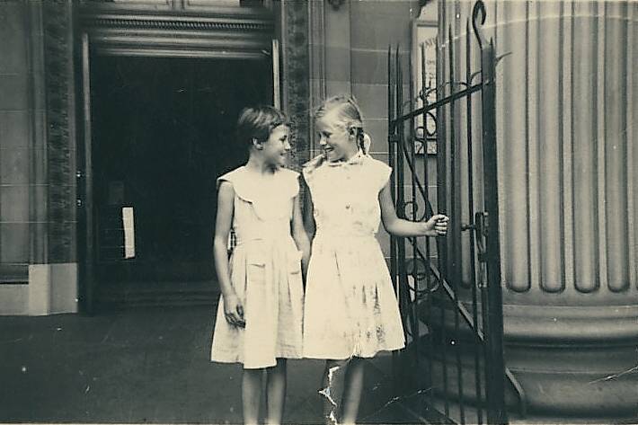 THE GIRLS VISIT THE BIG SMOKE: Katrina and Angela Wales on an excursion to the Art Gallery of NSW in Sydney circa 1957. Photo: Courtesy of Angela Wales author of Barefoot in the Bindis (Affirm Press, $29.99), out now.