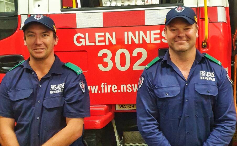 NEW RECRUITS: Chris Wilson and Shane Darley in uniform and ready to go at Glen Innes Fire Station