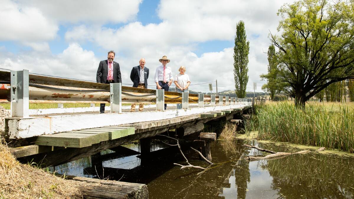 Inspecting the old and decrepit Furracabad Creek Bridge, which will be replaced, thanks to a $1 million funding injection from the State Government, Glen Innes Severn Council General Manager Craig Bennett, Director of Development, Regulatory and Sustainability Services Graham Price, Northern Tablelands MP Adam Marshall and Mayor Carol Sparks.