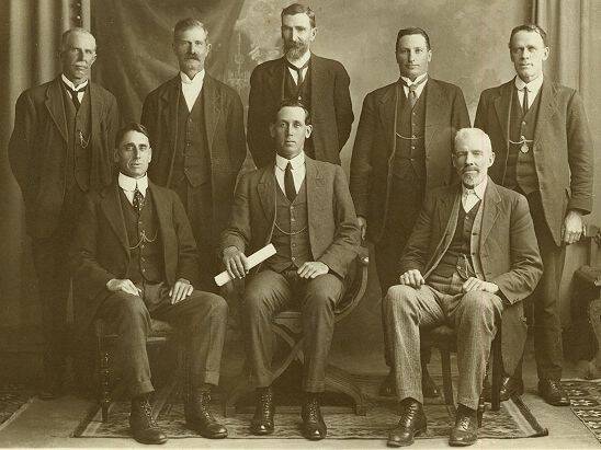 The Severn Shire Council in April 1921, (back from left) T Farlow, W Marshall, W Ross, A J Potter, W K Coughlan (Assistant Clerk), (seated) Syd J Dymock (Shire Clerk), Bill Wilson (President) and G Fraser (Deputy President).