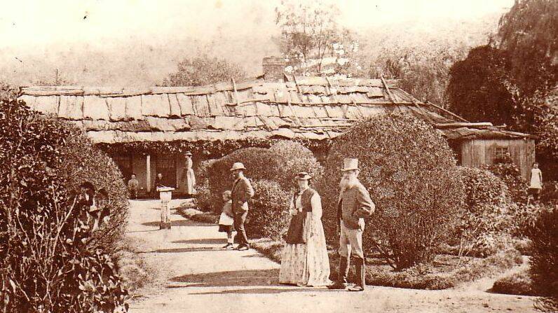 PIONEERS: Stonehenge Homestead in 1869. Pictured are Mr and Mrs Colin Fletcher in foreground, and J J R Gibson in the background.