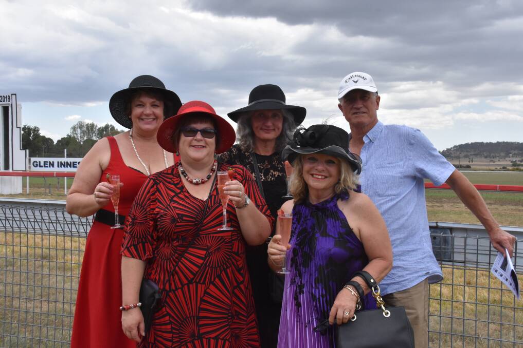 DAY AT THE RACES: Kerryn Pryor from Gunnedah with locals Helen Tucker and Marie Rizidis, and Sharryn Usher and Robert Usher from Grafton at the Glen Innes Cup on Saturday. Picture: Andrew Messenger