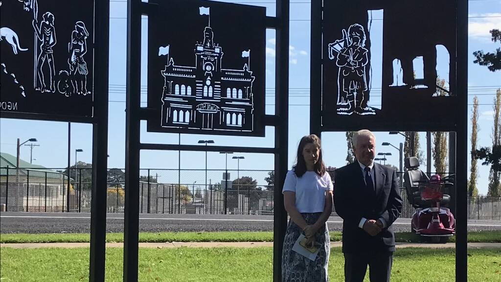 Mayor Cr Rob Banham and artist Sarah Fletcher at the launch of the new public art in Veness Park. Picture: Supplied