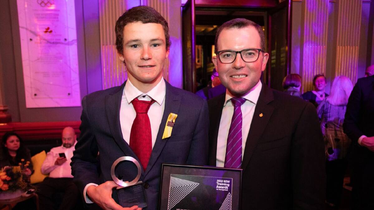 Uralla student and 2018 NSW VET in Schools Student of the Year Keiren Sullivan and Northern Tablelands MP Adam Marshall at the NSW Training Awards on Wednesday night.