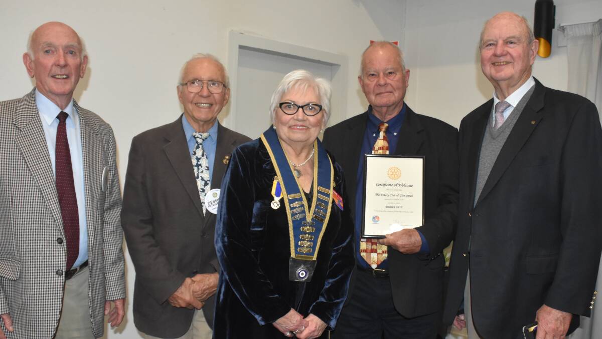 Members of the Glen Innes Rotary Club (from left) Bob Blair, Desmond Fitzgerald, Richard Rowe and Don Hall, with new District Governor Lorraine Coffey (centre).