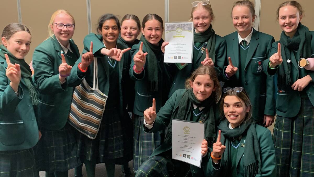 Libby Cook from Glen Innes (third from right, back row) was part of the PLC Armidale Stage 5 team that placed first in the regional Rotary Science and Engineering Challenge last week.
