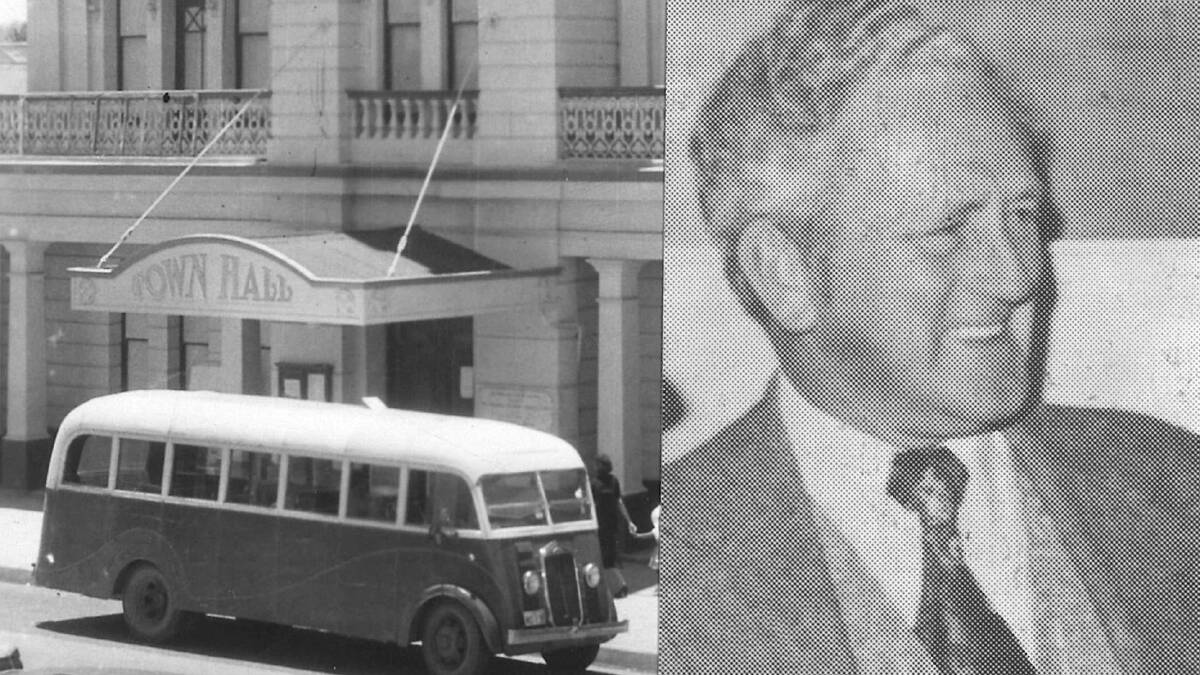 The brown and cream bus c. 1950 and Murray Stewart (right)
