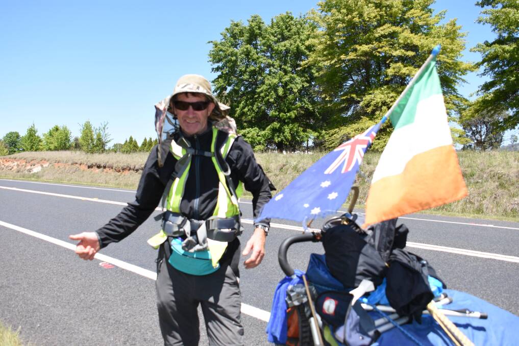 WALKING AROUND THE GLOBE: Dublin-born Tony Mangan is walking around the world with a message that detecting cancer early can save lives. Mr Mangan is now heading to Brisbane. Photo: Rachel Baxter.