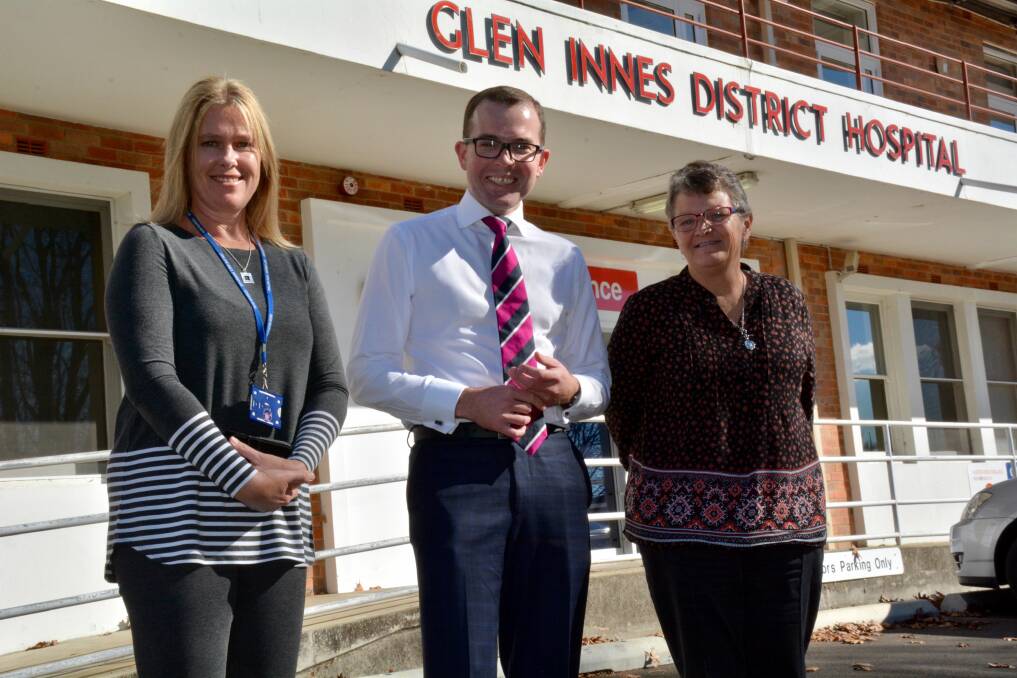 FUNDING: Glen Innes District Hospital’s Clinical Nurse Manager Penny Whan, left, Northern Tablelands MP Adam Marshall and Glen Innes Health Service Manager Cathryn (Topsy) Turner outside the hospital yesterday.