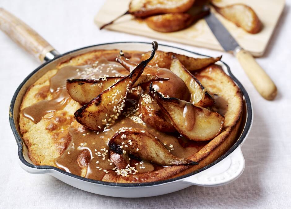 Skillet hot cake with tahini maple pears. Picture: James Moffatt
