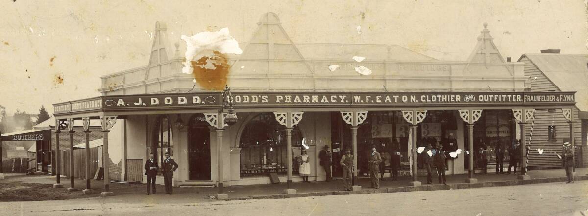 One-stop health shop: An undated photo of A. J. Dodd and William Frances Eaton outside the early pharmacy.