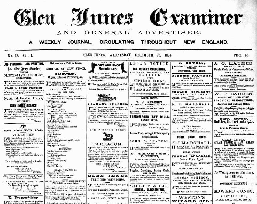 Slice of the past: The front page of the Glen Innes Examiner on December 23, 1874.