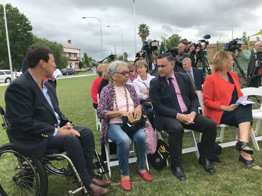 LAUNCHING: Sam Bailey, Aunty Madeline and NSW Deputy Premier John Barilaro launch a statewide campaign on road safety in Queanbeyan on Monday morning. Photo: Finbar O'Mallon