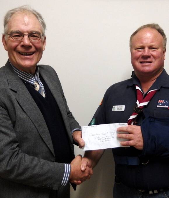 DONATION: Current Master of the Glen Innes Masonic Lodge Simon Kerry presented a cheque for $600 to Troop Leader of the Glen Innes Scouts Ian Higgins.
