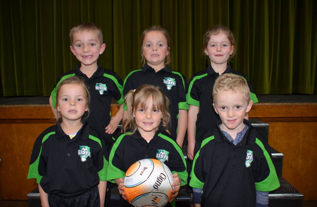 Junior soccer Back Angus Feltham, Emily Poulton, Maggie Duddy- 
Front Airlee Poulton, Kirra Woods, Lachlan Grob