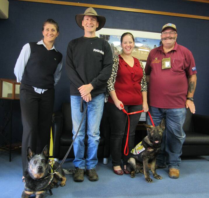 Council customer service officer Natalie Pettit, returned serviceman Michael Butcher with Doege, customer service officer Sara Pike with Marshall, and Young Diggers Dog Squad's  Peter Barsoun in the Council Town Hall reception area.