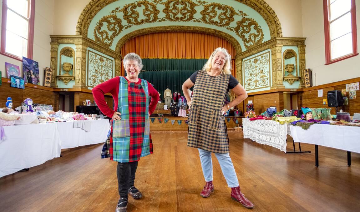 Showcase: The Celtic Fashion Awards entries were displayed in Glen Innes Town Hall for the first time this year, under the eye of new awards 'ambassadors' Vivienne Williams and Ester Honey. Photo: Tony Grant.
