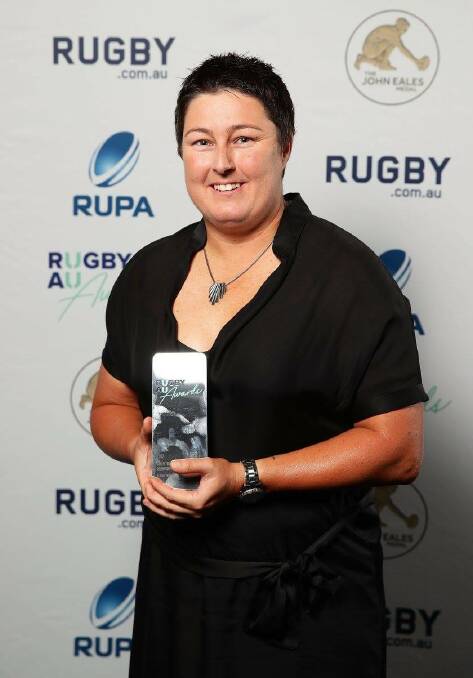 NO RUGBY, FOR NOW: Glen's Alana Thomas, pictured after winning Rugby Australia's community coach of the year, is in lockdown in Victoria. Photo: ARU. 
