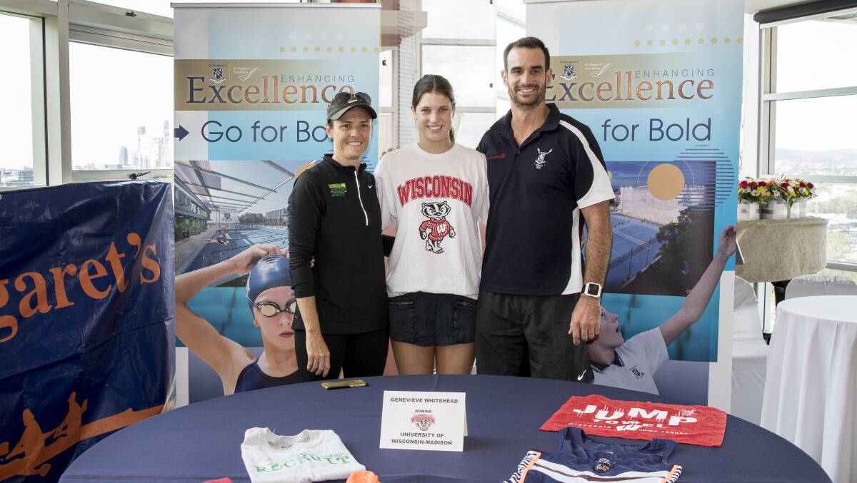 St Margaret’s teacher Beck Meares, Genevieve Whitehead and St Margaret’s Head of Rowing Jared Bidwell.
