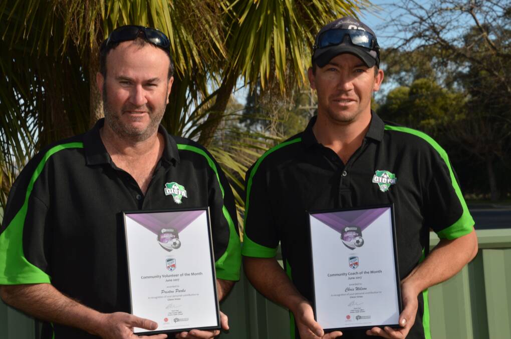 GLEN INNES DOUBLE: Preston Parkes and Chris Wilson received awards from Northern Inland Football for their off-field efforts. 