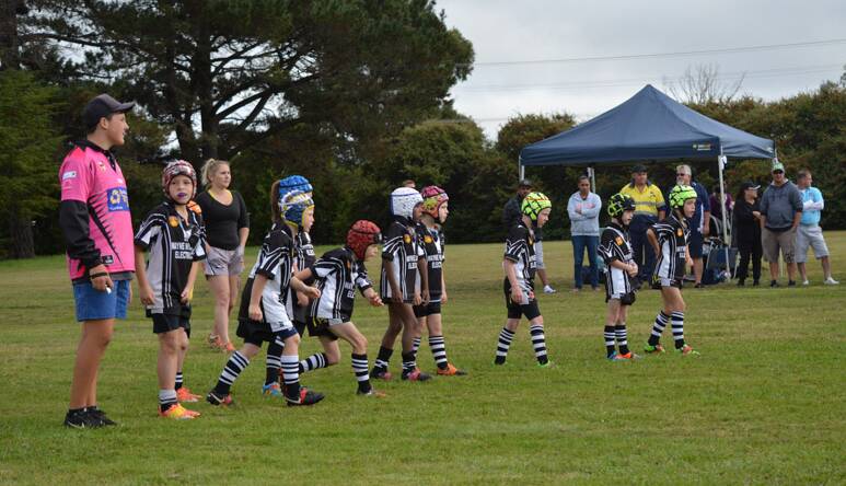 GET SET: Junior Magpies line up with the referee ready to defend. Photo: Matt Cave. 