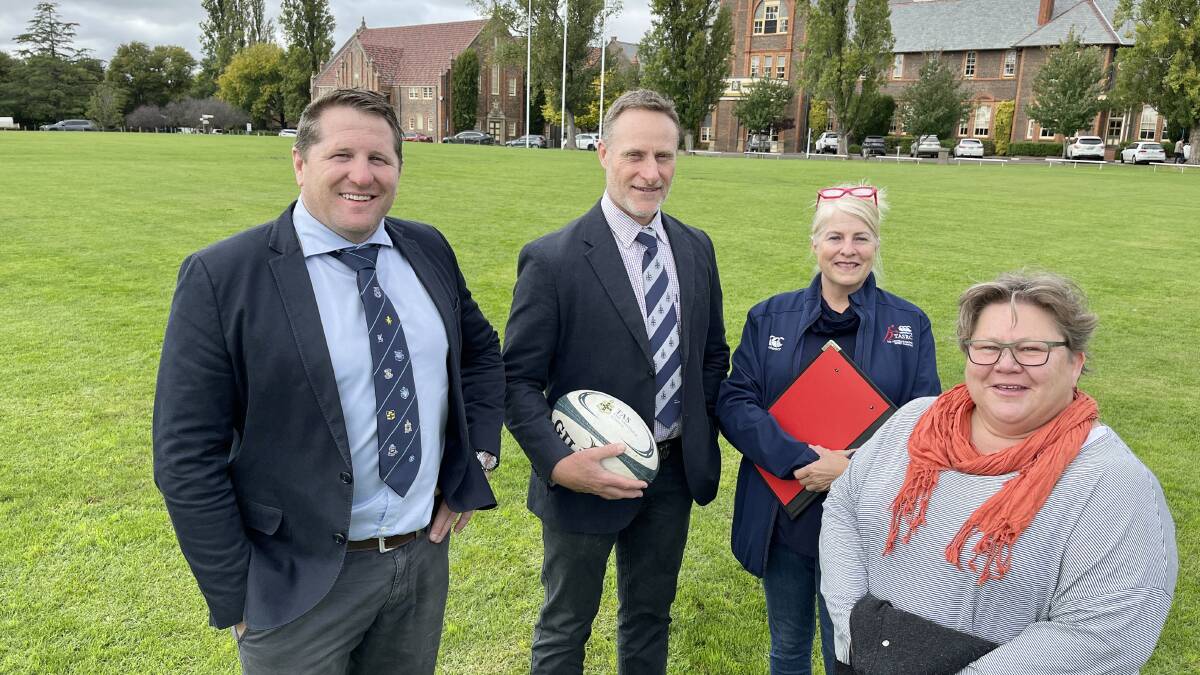 TAS Director of Rugby AJ Whalley and organisers Huon Barrett, Gaye Piper and Rachael Edmonds discuss the draw for this years 17th TAS Rugby Carnival 